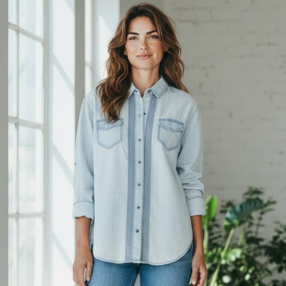 Knox Rose Embellished Chambray Button Up Shirt Sz XS Blue #222A